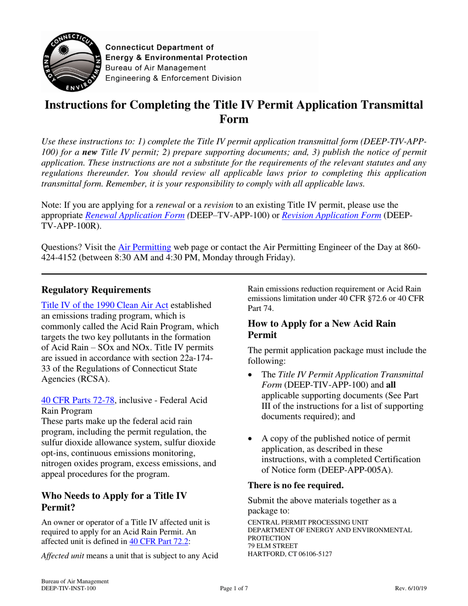 Instructions for Form DEEP-TIV-APP-100 Title IV Permit Application Transmittal Form - Connecticut, Page 1