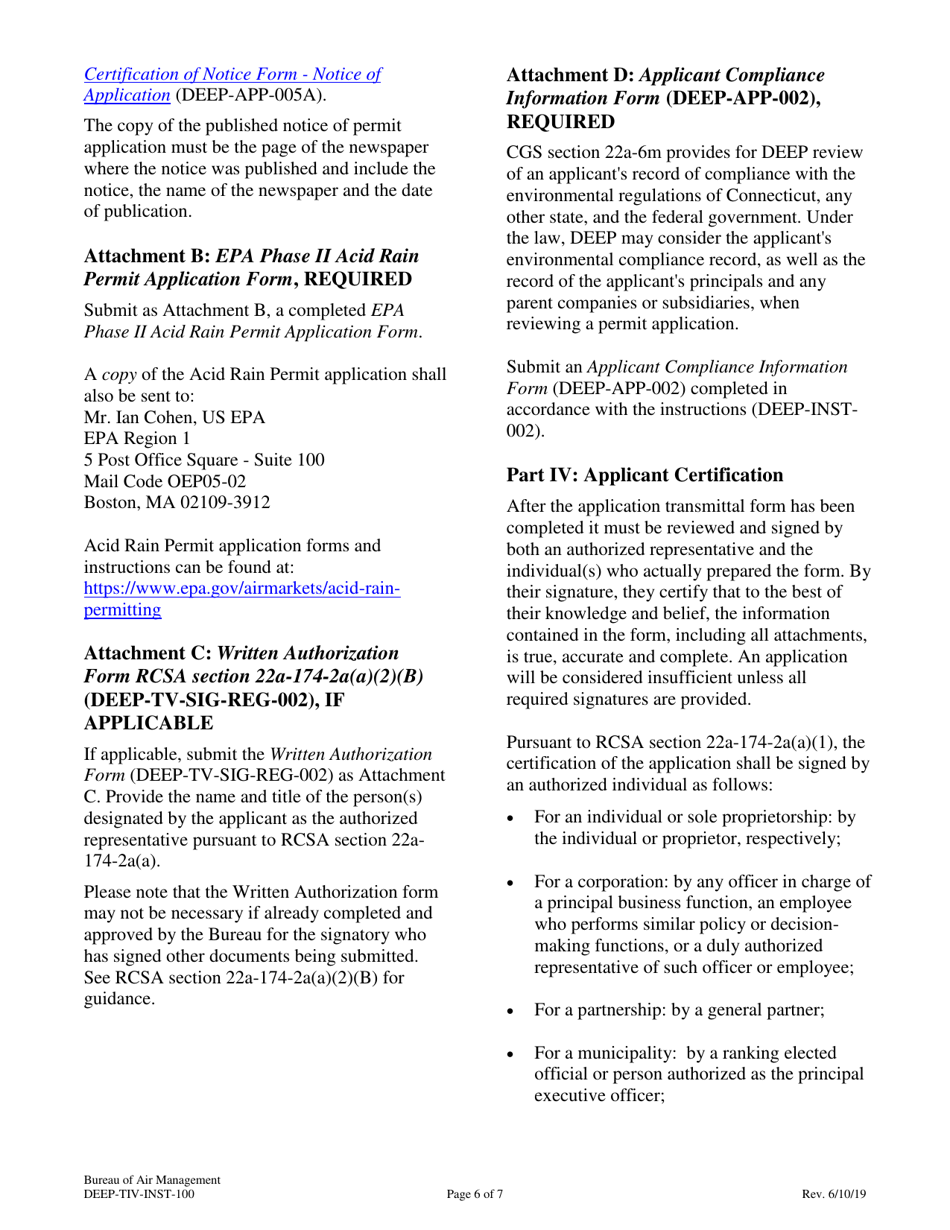 Instructions for Form DEEP-TIV-APP-100 Title IV Permit Application Transmittal Form - Connecticut, Page 6