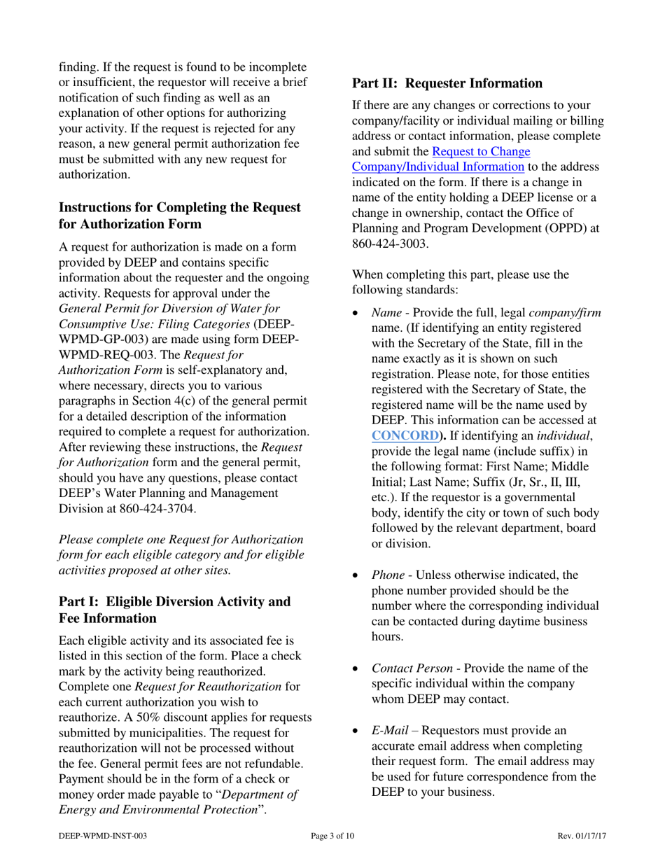 Instructions for Form DEEP-WPMD-REQ-003 Request for Authorization Under the General Permit for Diversion of Water for Consumptive Use: Filing Categories - Connecticut, Page 3