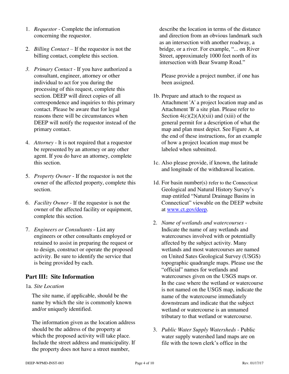 Instructions for Form DEEP-WPMD-REQ-003 Request for Authorization Under the General Permit for Diversion of Water for Consumptive Use: Filing Categories - Connecticut, Page 4