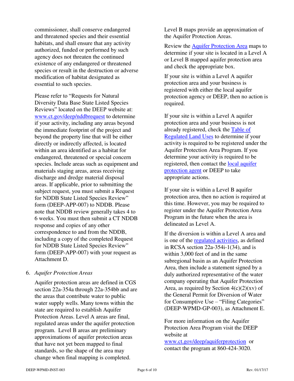 Instructions for Form DEEP-WPMD-REQ-003 Request for Authorization Under the General Permit for Diversion of Water for Consumptive Use: Filing Categories - Connecticut, Page 6