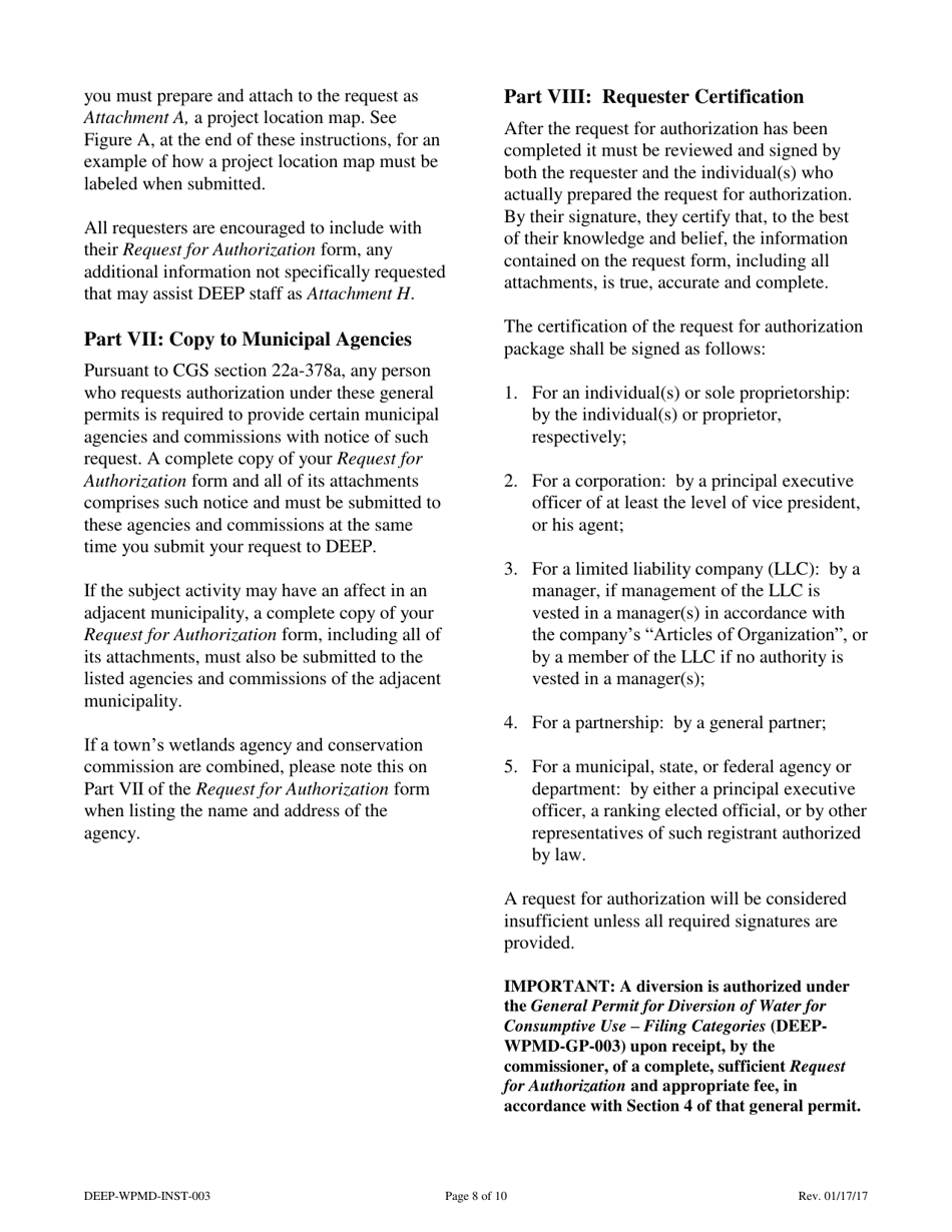 Instructions for Form DEEP-WPMD-REQ-003 Request for Authorization Under the General Permit for Diversion of Water for Consumptive Use: Filing Categories - Connecticut, Page 8