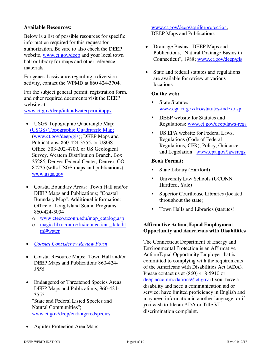 Instructions for Form DEEP-WPMD-REQ-003 Request for Authorization Under the General Permit for Diversion of Water for Consumptive Use: Filing Categories - Connecticut, Page 9