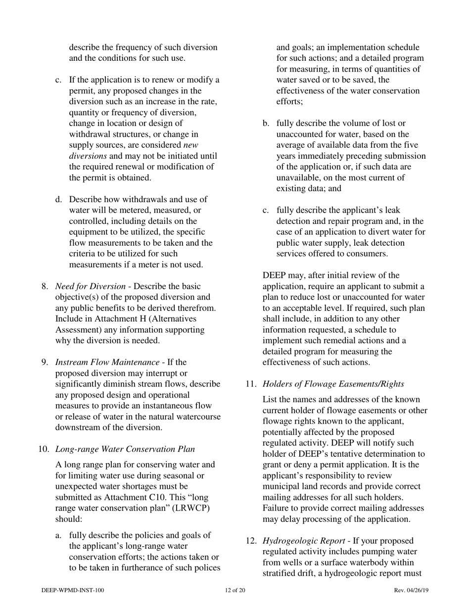 Instructions for Form DEEP-WPMD-REQ-100 Permit Application for Diversion of Water for Consumptive Use - Connecticut, Page 12