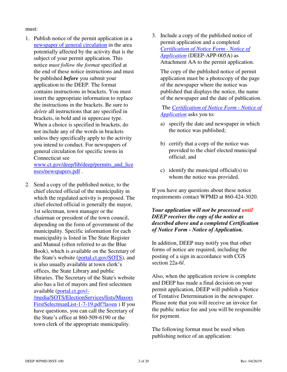 Instructions for Form DEEP-WPMD-REQ-100 Permit Application for Diversion of Water for Consumptive Use - Connecticut, Page 2