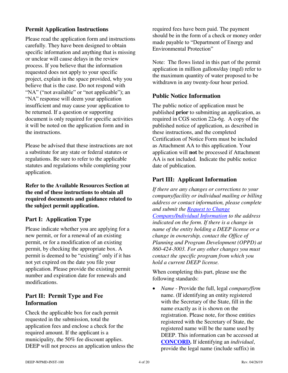 Instructions for Form DEEP-WPMD-REQ-100 Permit Application for Diversion of Water for Consumptive Use - Connecticut, Page 4