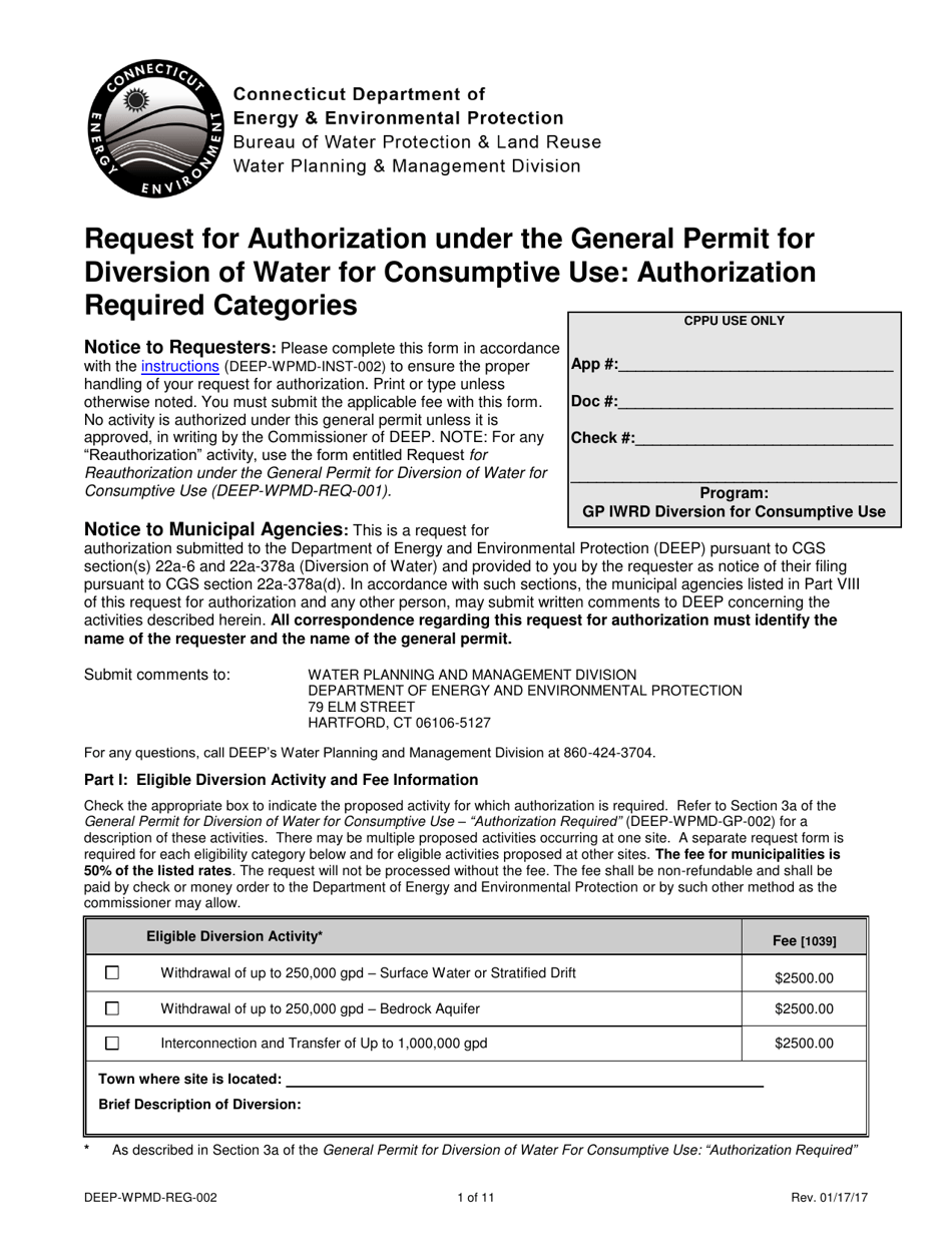 Form DEEP-WPMD-REQ-002 Request for Authorization Under the General Permit for Diversion of Water for Consumptive Use: Authorization Required Categories - Connecticut, Page 1