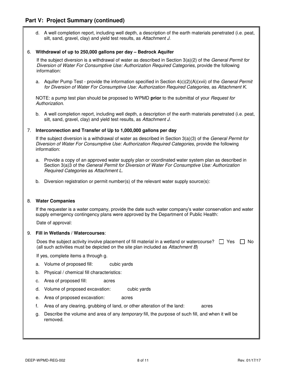 Form DEEP-WPMD-REQ-002 Request for Authorization Under the General Permit for Diversion of Water for Consumptive Use: Authorization Required Categories - Connecticut, Page 8