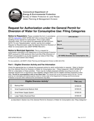 Form DEEP-WPMD-REQ-003 Request for Authorization Under the General Permit for Diversion of Water for Consumptive Use: Filing Categories - Connecticut