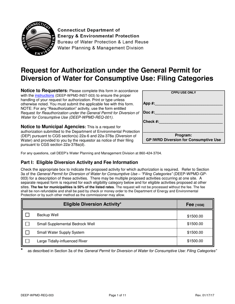 Form DEEP-WPMD-REQ-003 Request for Authorization Under the General Permit for Diversion of Water for Consumptive Use: Filing Categories - Connecticut, Page 1