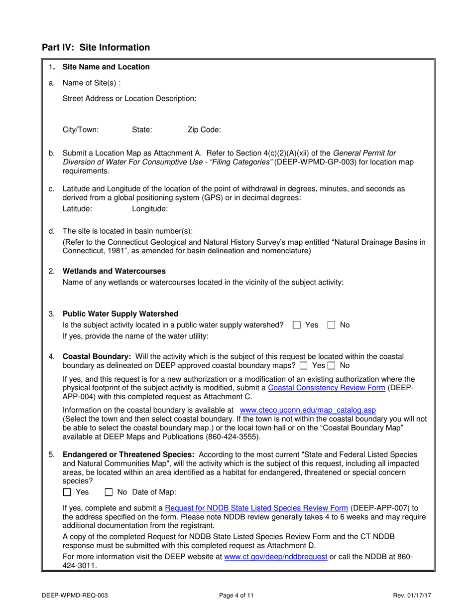 Form DEEP-WPMD-REQ-003 Request for Authorization Under the General Permit for Diversion of Water for Consumptive Use: Filing Categories - Connecticut, Page 4
