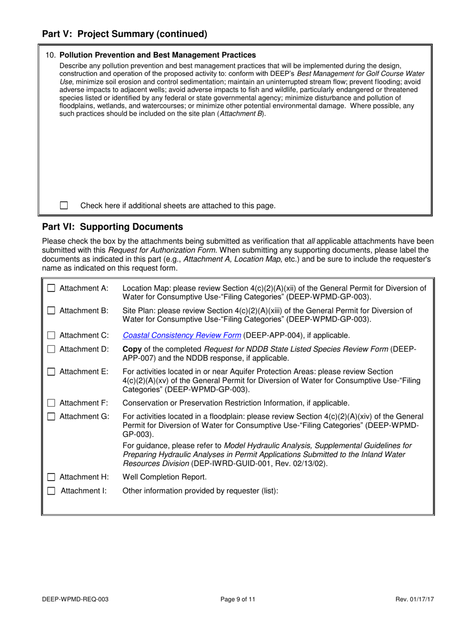 Form DEEP-WPMD-REQ-003 Request for Authorization Under the General Permit for Diversion of Water for Consumptive Use: Filing Categories - Connecticut, Page 9