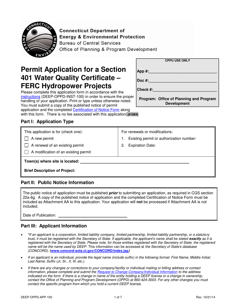 Form DEEP-OPPD-APP-100 Permit Application for a Section 401 Water Quality Certificate - FERC Hydropower Projects - Connecticut, Page 1