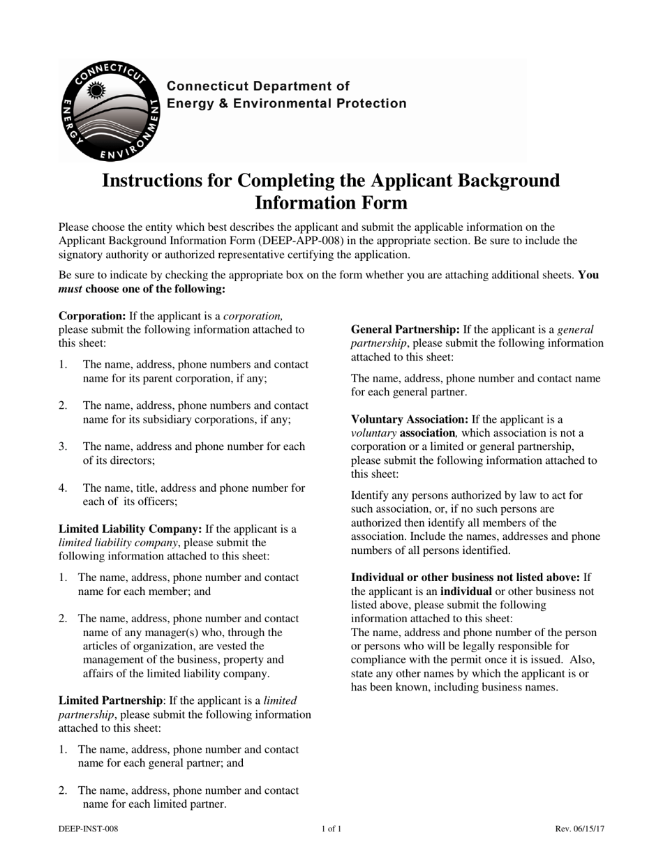 Instructions for Form DEEP-APP-008 Applicant Background Information - Connecticut, Page 1