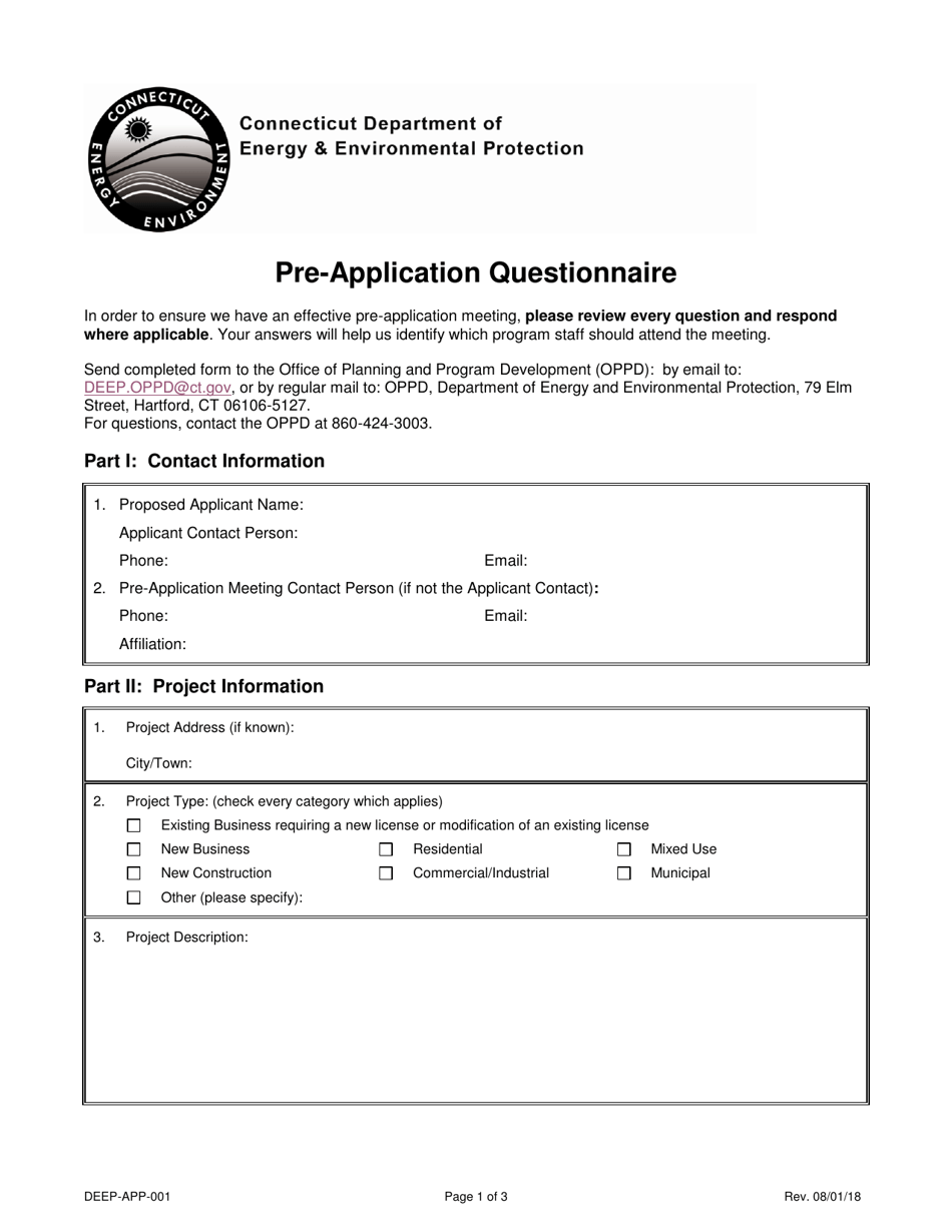 Form DEEP-APP-001 Pre-application Questionnaire - Connecticut, Page 1