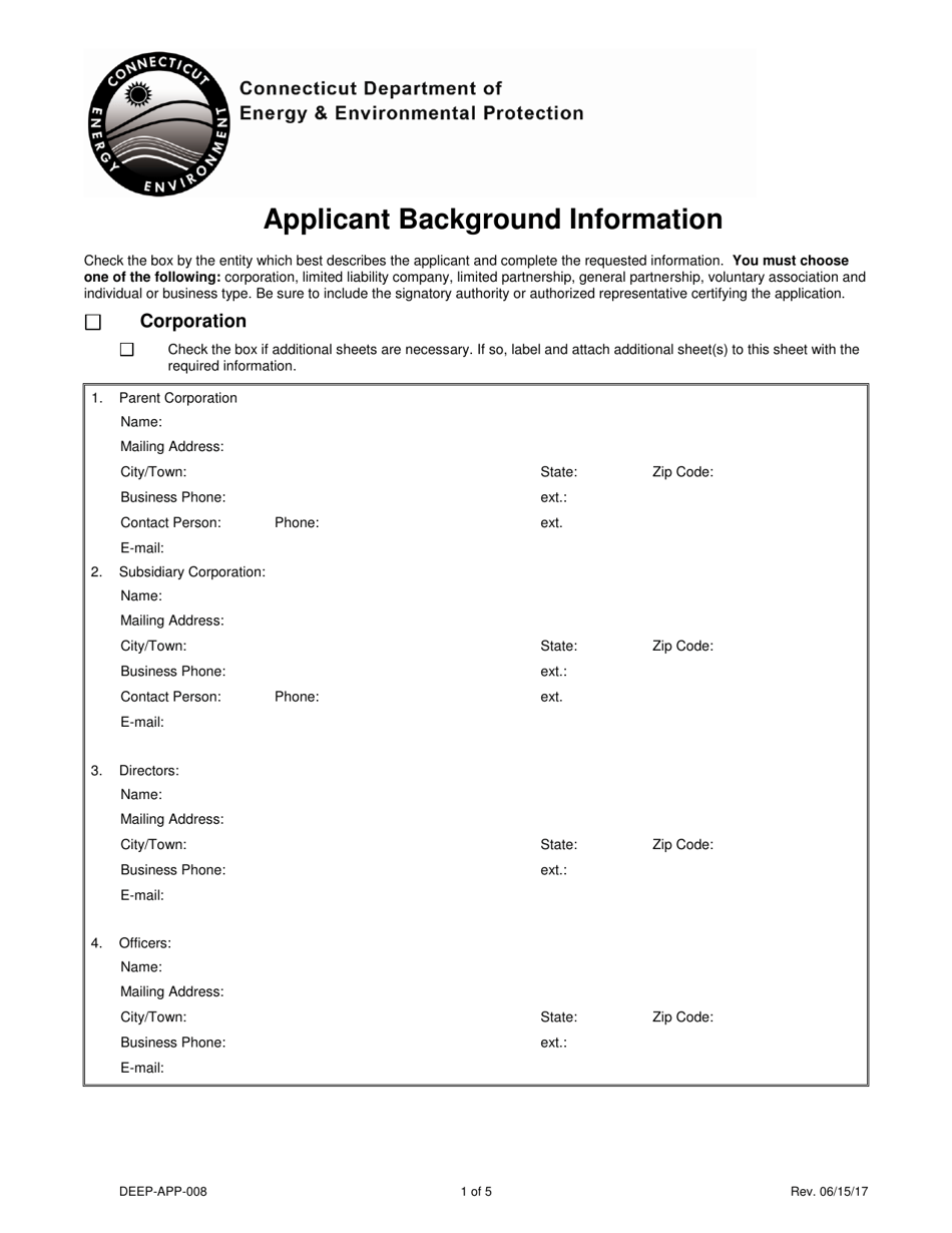 Form DEEP-APP-008 Applicant Background Information - Connecticut, Page 1