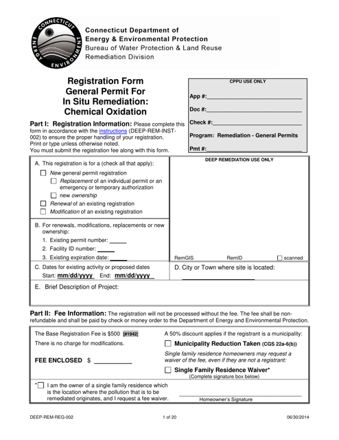 Form DEEP-REM-REG-002 Registration Form General Permit for in Situ Remediation: Chemical Oxidation - Connecticut