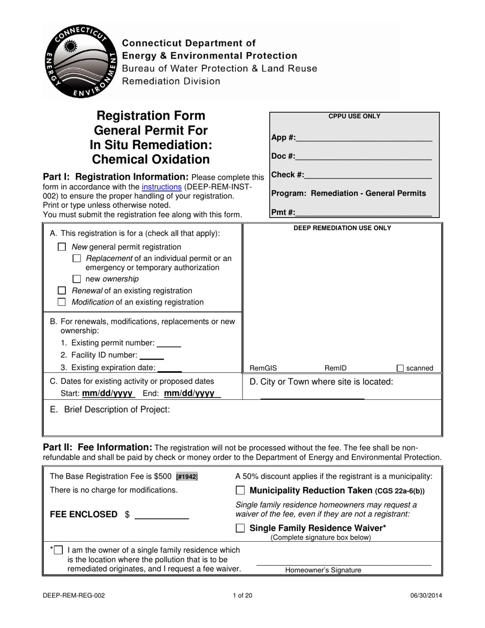 Form DEEP-REM-REG-002 Registration Form General Permit for in Situ Remediation: Chemical Oxidation - Connecticut, Page 1