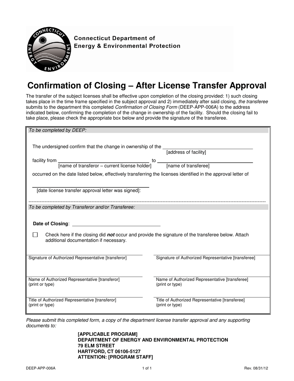 Form DEEP-APP-006A Confirmation of Closing - After License Transfer Approval - Connecticut, Page 1