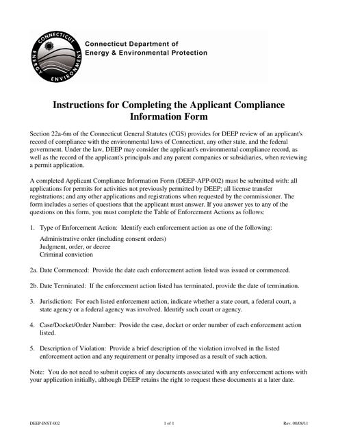 Instructions for Form DEEP-APP-002 Applicant Compliance Information - Connecticut