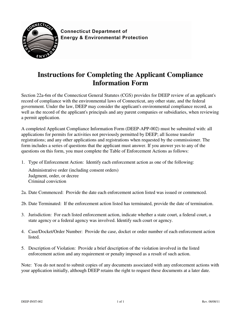 Instructions for Form DEEP-APP-002 Applicant Compliance Information - Connecticut, Page 1