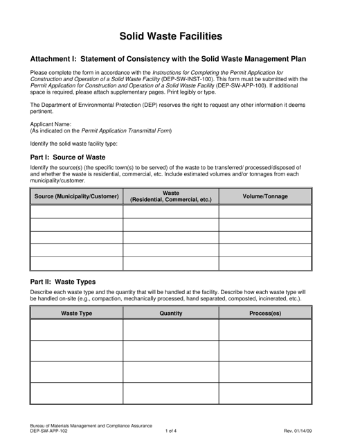 Form DEP-SW-APP-102 Attachment I Statement of Consistency With the Solid Waste Management Plan - Connecticut