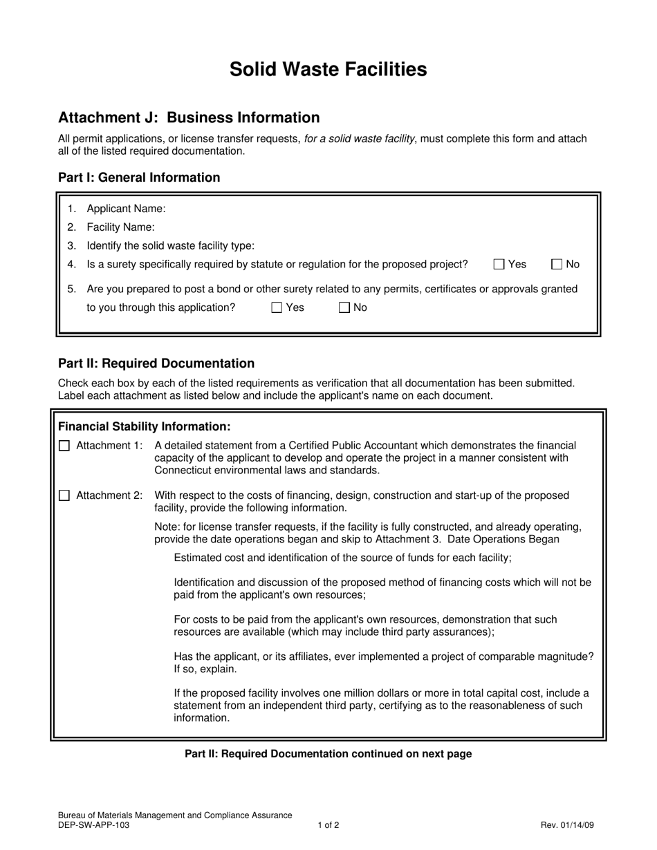 Form DEP-SW-APP-103 Attachment J Business Information - Connecticut, Page 1