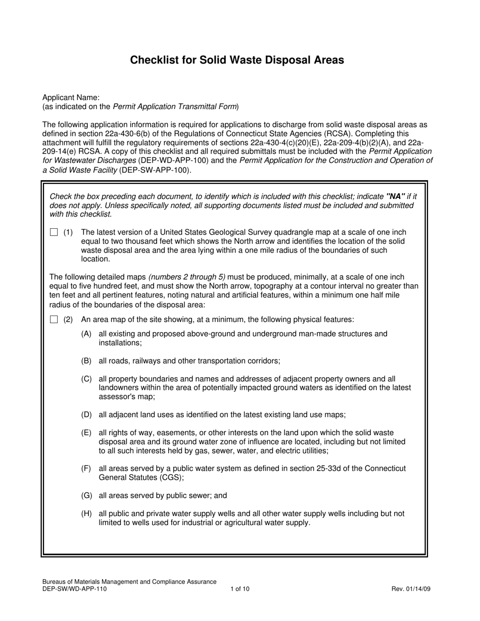 Form DEP-SW / WD-APP-110 Attachment M Checklist for Solid Waste Disposal Areas - Connecticut, Page 1