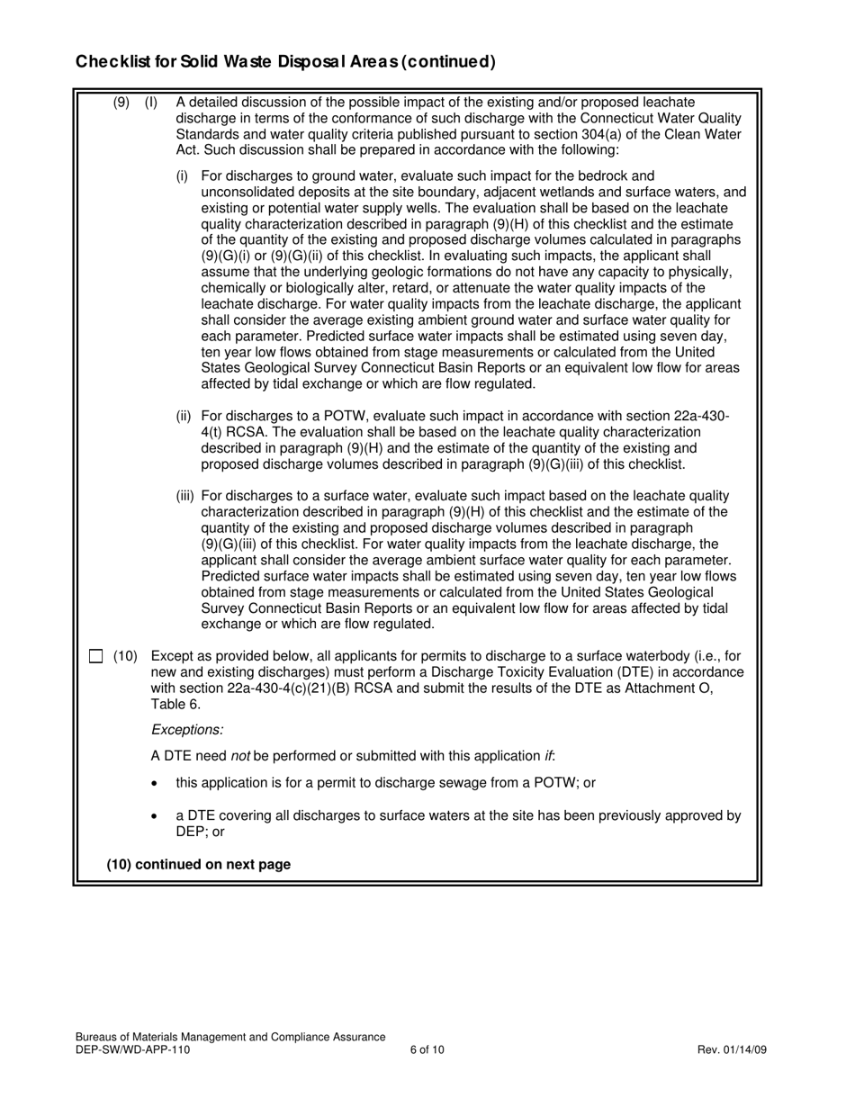 Form DEP-SW / WD-APP-110 Attachment M Checklist for Solid Waste Disposal Areas - Connecticut, Page 6