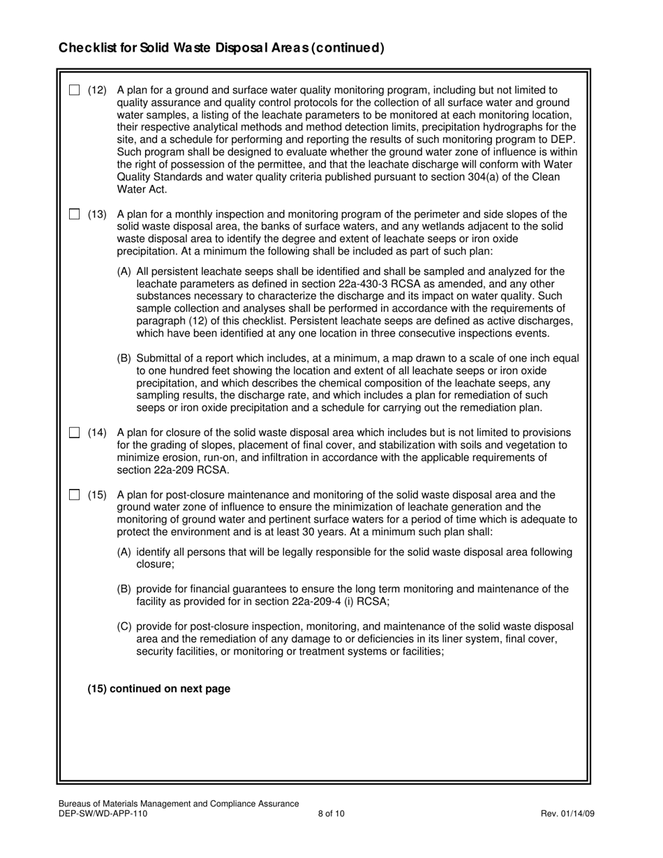 Form DEP-SW / WD-APP-110 Attachment M Checklist for Solid Waste Disposal Areas - Connecticut, Page 8