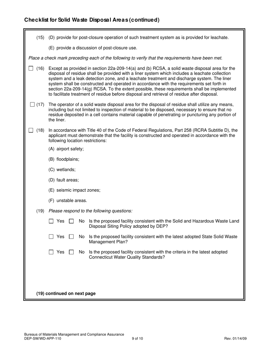 Form DEP-SW / WD-APP-110 Attachment M Checklist for Solid Waste Disposal Areas - Connecticut, Page 9