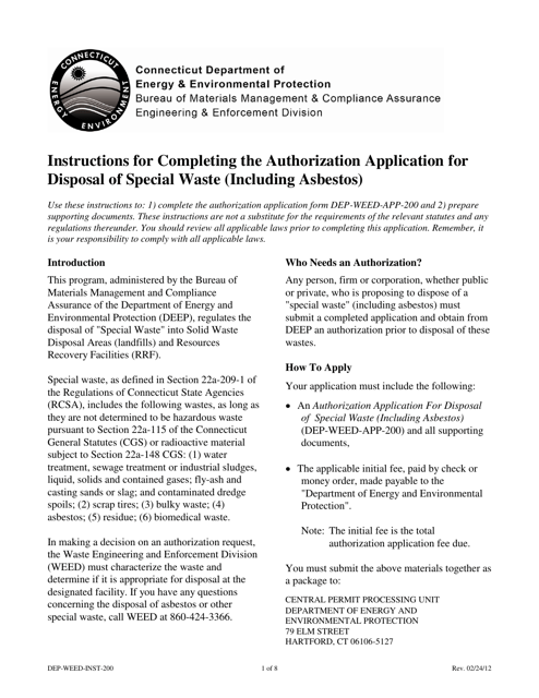 Instructions for Form DEP-WEED-APP-200 Authorization Application for Disposal of Special Waste (Including Asbestos) - Connecticut