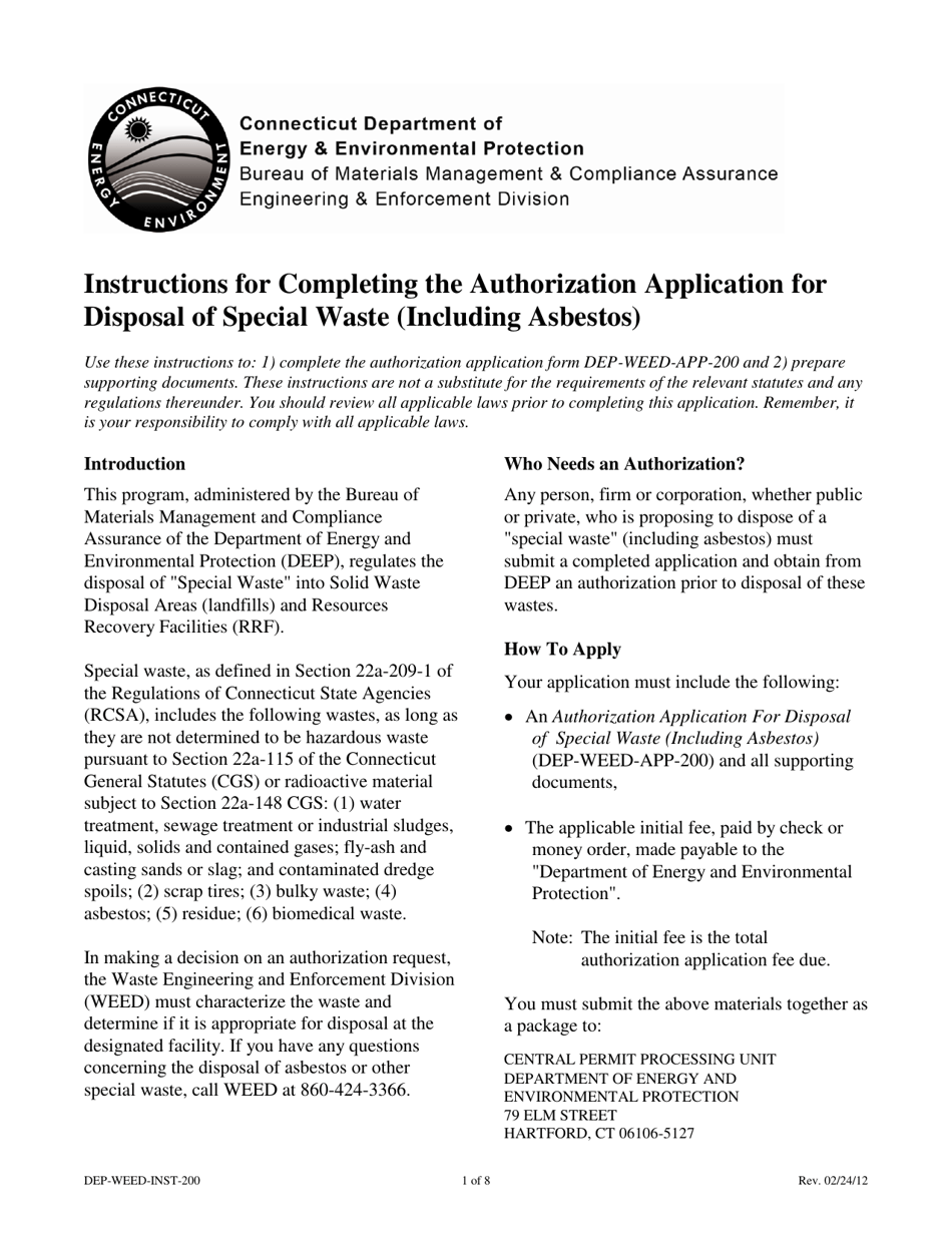 Instructions for Form DEP-WEED-APP-200 Authorization Application for Disposal of Special Waste (Including Asbestos) - Connecticut, Page 1