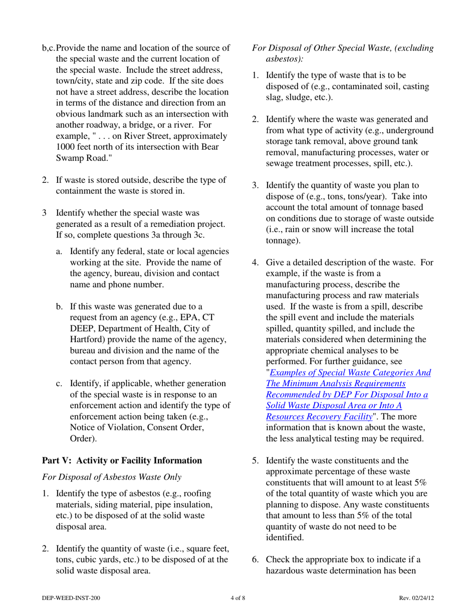 Instructions for Form DEP-WEED-APP-200 Authorization Application for Disposal of Special Waste (Including Asbestos) - Connecticut, Page 4