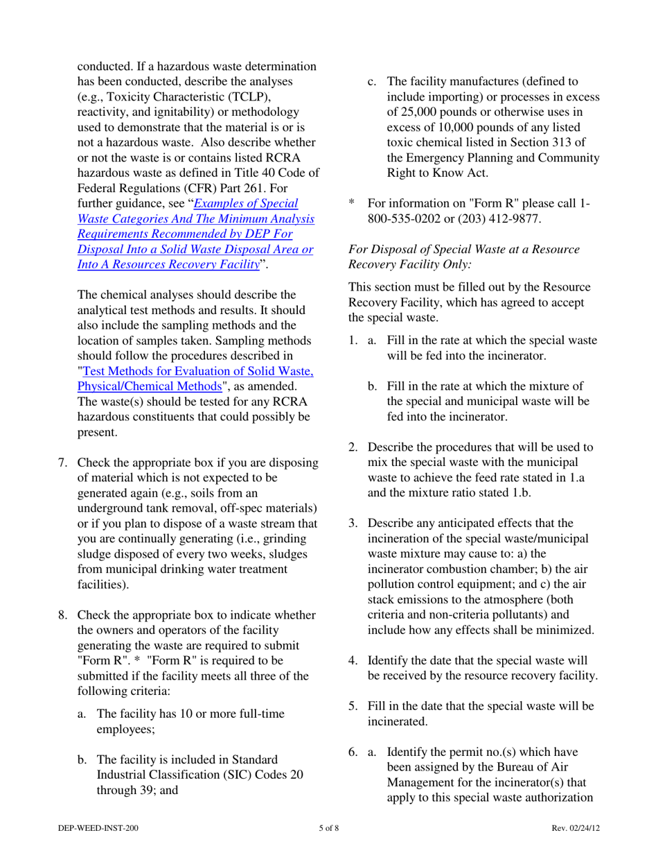 Instructions for Form DEP-WEED-APP-200 Authorization Application for Disposal of Special Waste (Including Asbestos) - Connecticut, Page 5