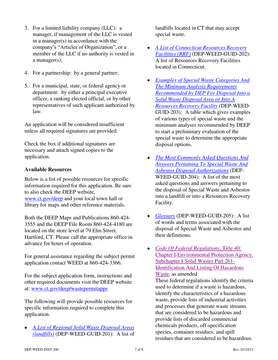 Instructions for Form DEP-WEED-APP-200 Authorization Application for Disposal of Special Waste (Including Asbestos) - Connecticut, Page 7