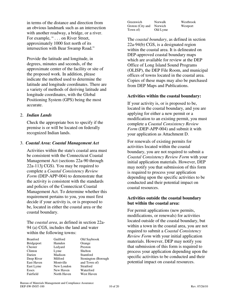 Instructions for Form DEP-SW-APP-100 Permit Application for Construction and Operation of a Solid Waste Facility - Connecticut, Page 10