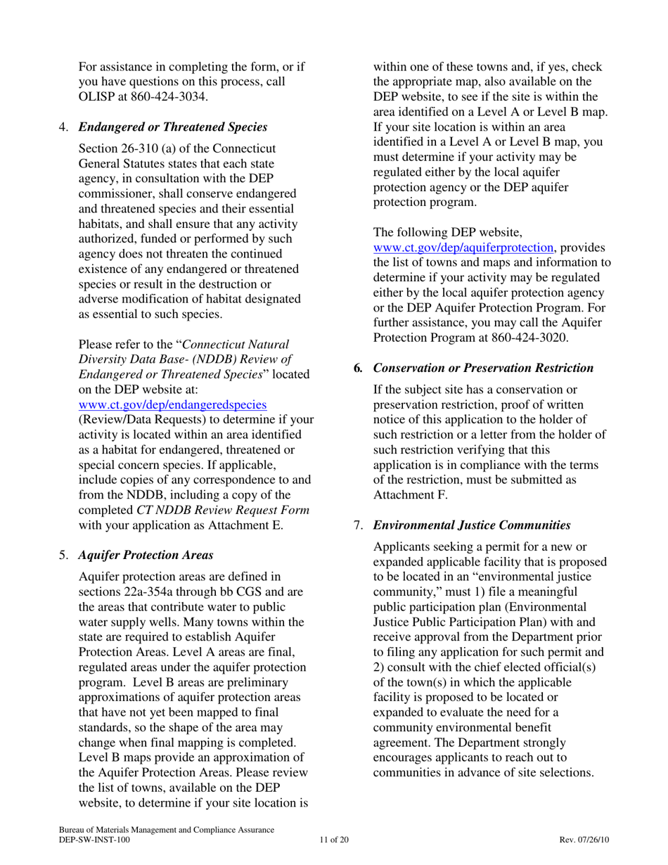 Instructions for Form DEP-SW-APP-100 Permit Application for Construction and Operation of a Solid Waste Facility - Connecticut, Page 11