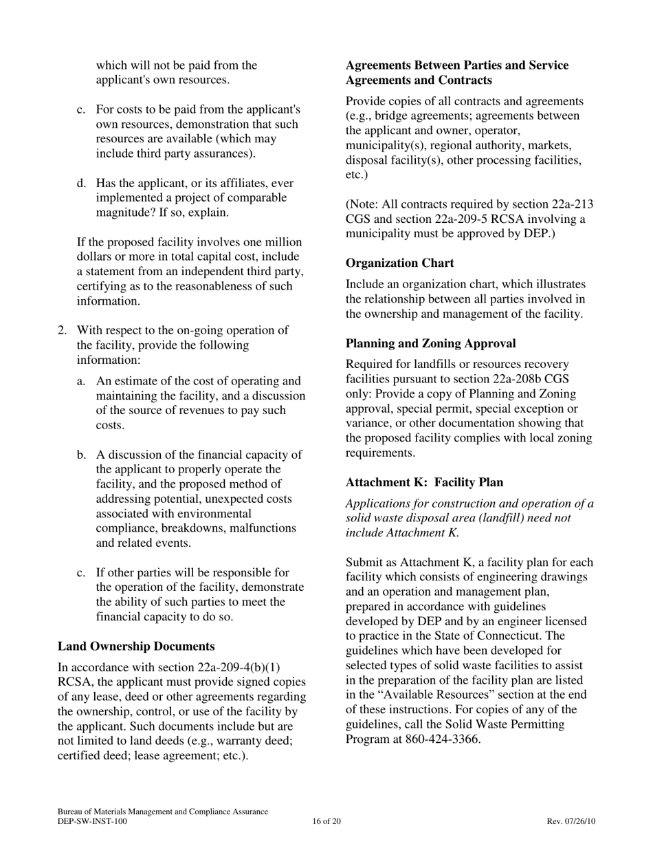 Instructions for Form DEP-SW-APP-100 Permit Application for Construction and Operation of a Solid Waste Facility - Connecticut, Page 16