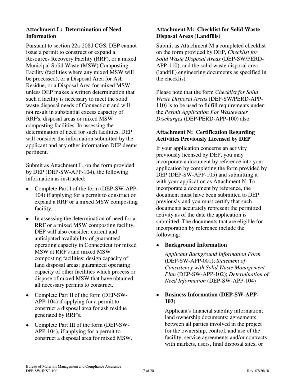Instructions for Form DEP-SW-APP-100 Permit Application for Construction and Operation of a Solid Waste Facility - Connecticut, Page 17