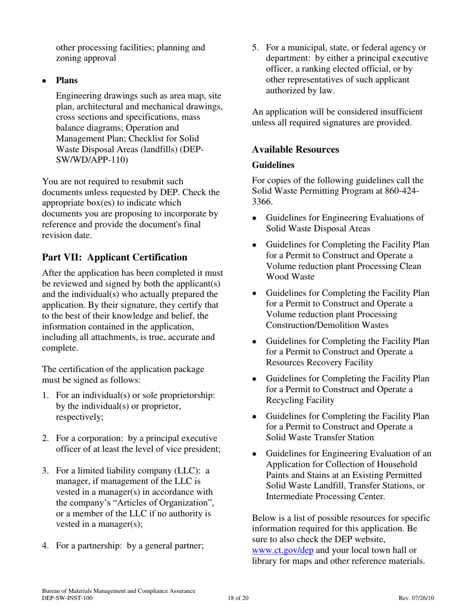 Instructions for Form DEP-SW-APP-100 Permit Application for Construction and Operation of a Solid Waste Facility - Connecticut, Page 18