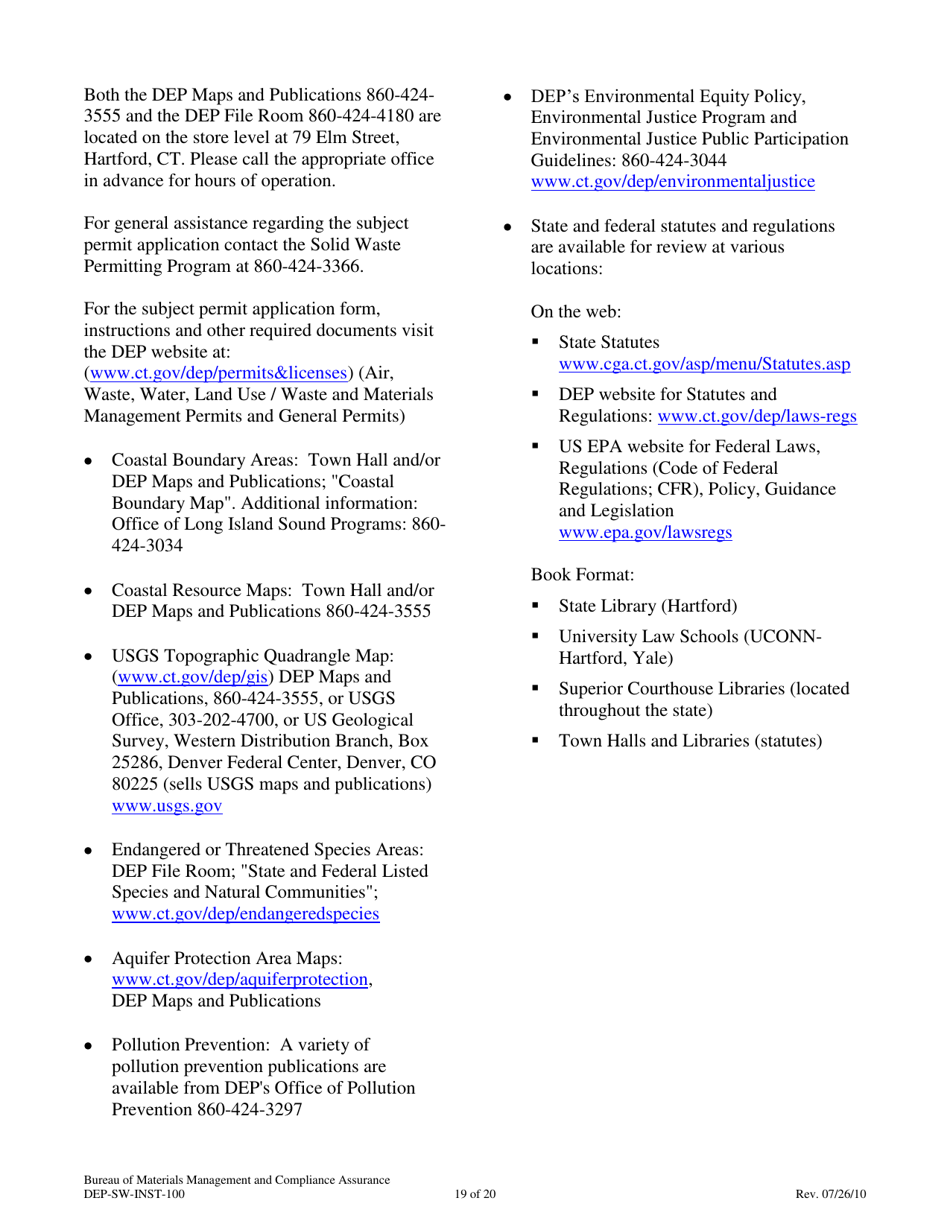 Instructions for Form DEP-SW-APP-100 Permit Application for Construction and Operation of a Solid Waste Facility - Connecticut, Page 19