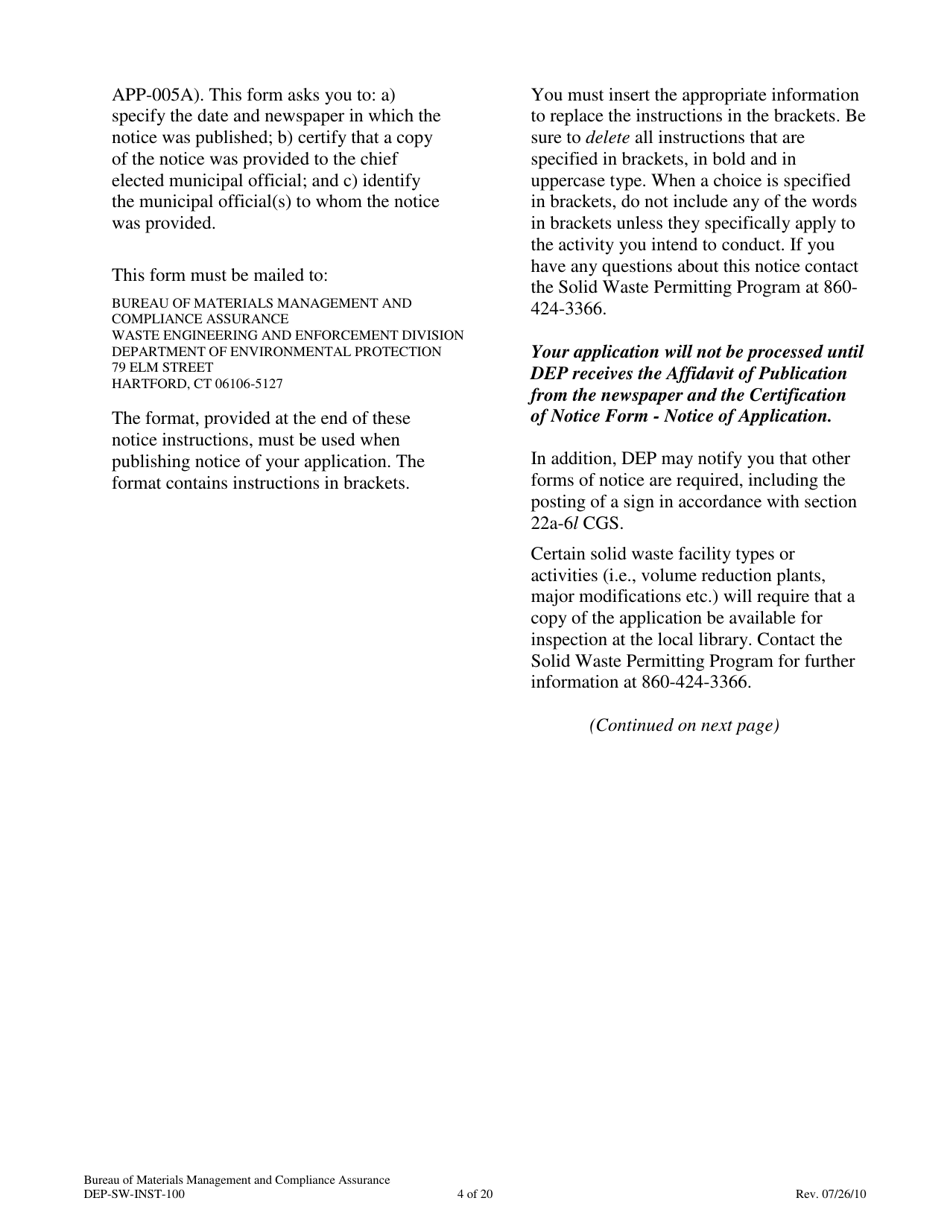 Instructions for Form DEP-SW-APP-100 Permit Application for Construction and Operation of a Solid Waste Facility - Connecticut, Page 4