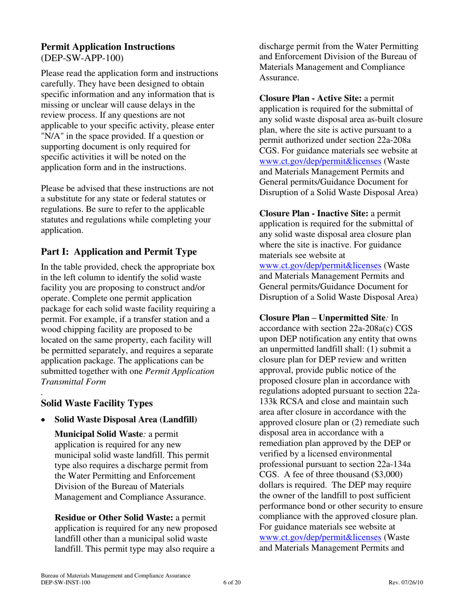 Instructions for Form DEP-SW-APP-100 Permit Application for Construction and Operation of a Solid Waste Facility - Connecticut, Page 6