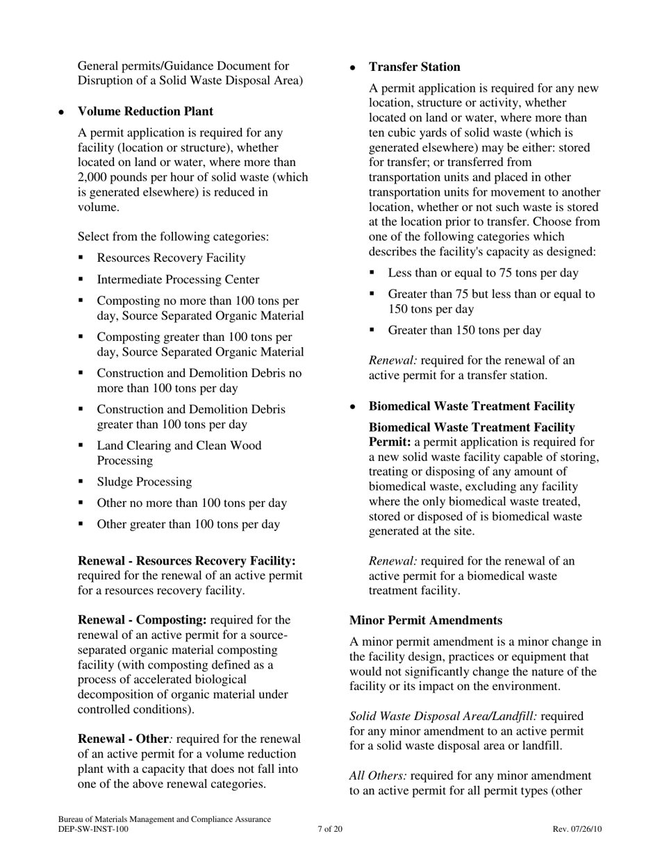 Instructions for Form DEP-SW-APP-100 Permit Application for Construction and Operation of a Solid Waste Facility - Connecticut, Page 7
