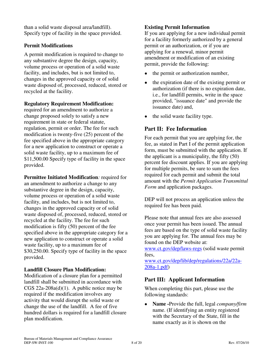 Instructions for Form DEP-SW-APP-100 Permit Application for Construction and Operation of a Solid Waste Facility - Connecticut, Page 8