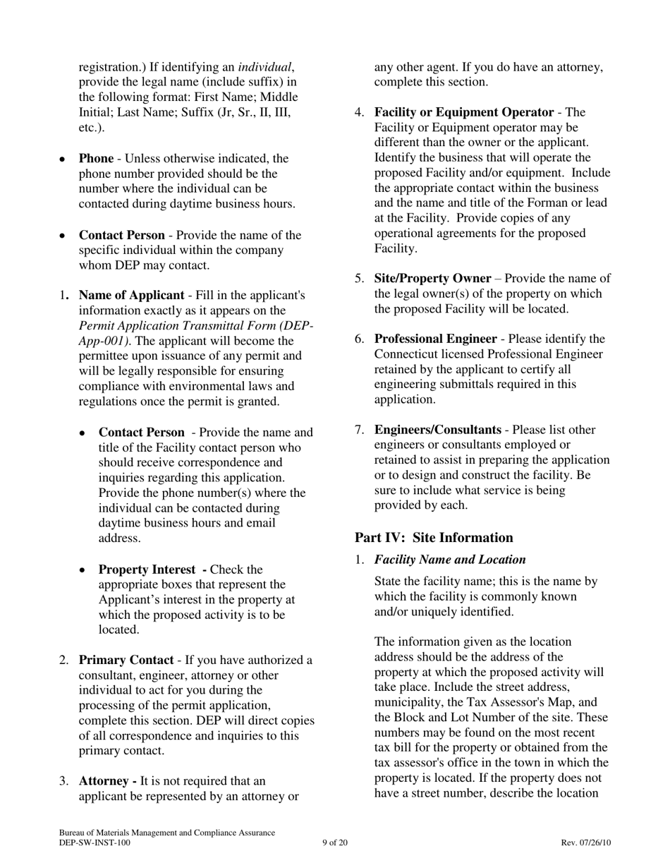 Instructions for Form DEP-SW-APP-100 Permit Application for Construction and Operation of a Solid Waste Facility - Connecticut, Page 9