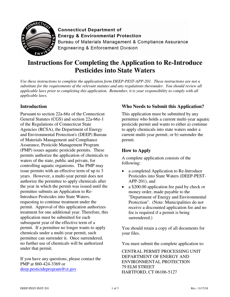 Instructions for Form DEEP-PEST-APP-201 Application to Re-introduce Pesticides Into State Waters - Connecticut, Page 1