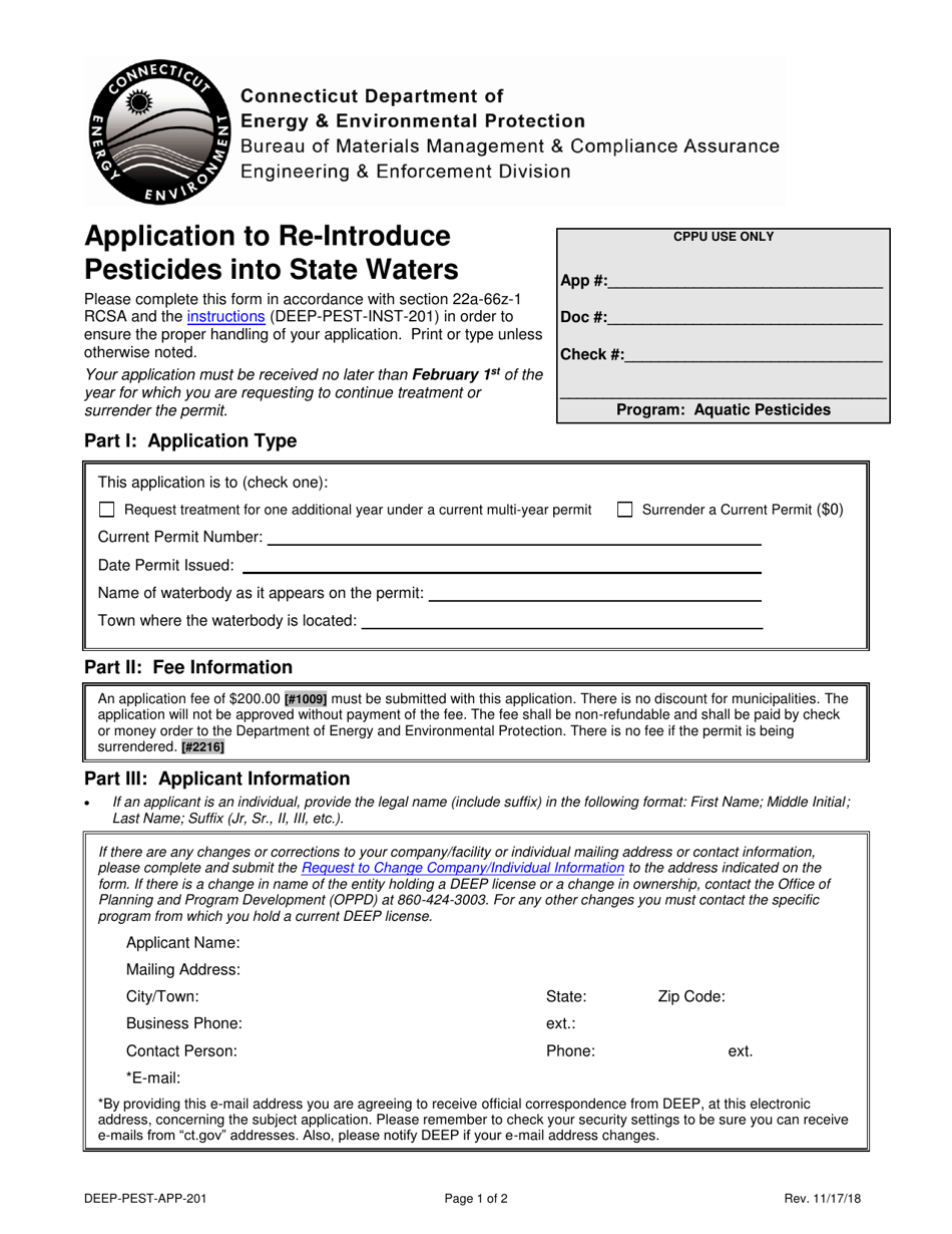 Form DEEP-PEST-APP-201 Application to Re-introduce Pesticides Into State Waters - Connecticut, Page 1