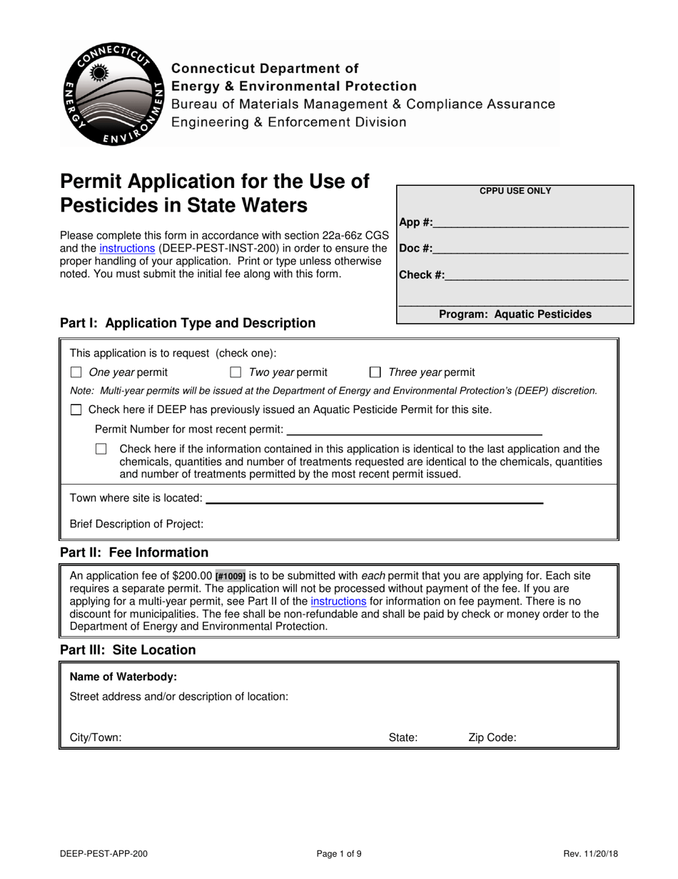 Form DEEP-PEST-APP-200 Permit Application for the Use of Pesticides in State Waters - Connecticut, Page 1